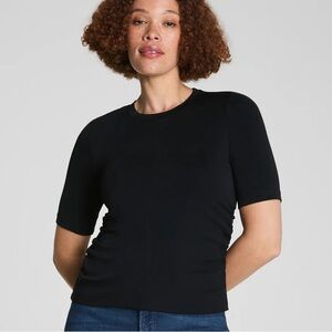 NWT SPANX Sleek Jersey Elbow Sleeve Ruched Top 2x black